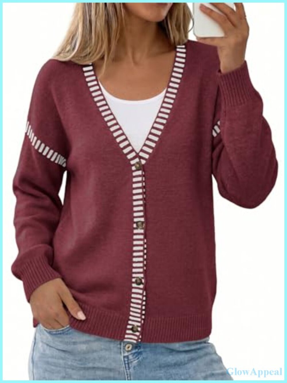 Women's Oversized Cardigan Sweater Button Front V-Neck Stripe Trim Knit Fall